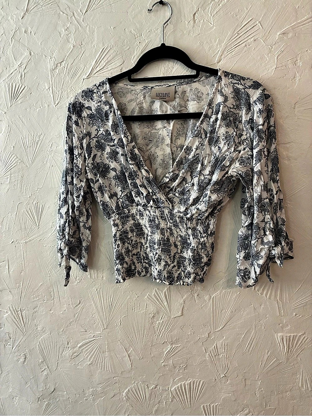 Lucy Love Floral Smocked Long Sleeve Blouse in Blue & Cream